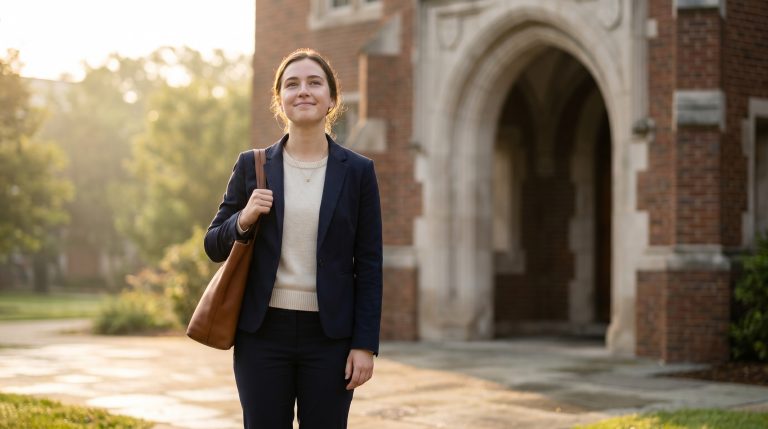 A young woman standing outside an office or building entrance with a calm courageous expression.