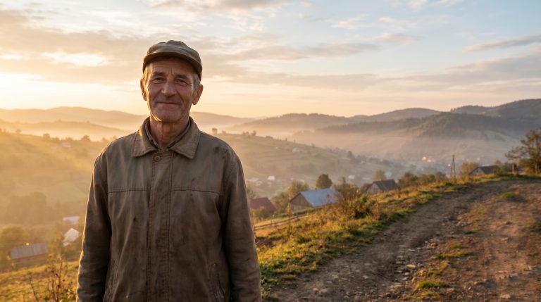 An older man standing outside at sunrise with a peaceful hopeful expression.