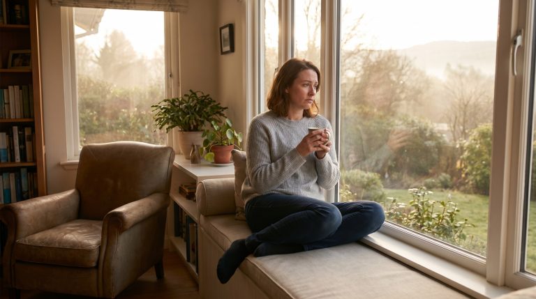 A thoughtful woman sitting quietly by a window in soft morning light, carrying the mood of a heavy heart with gentle hope.