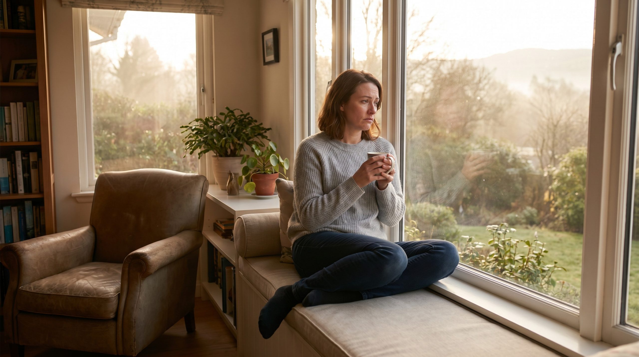A thoughtful woman sitting quietly by a window in soft morning light, carrying the mood of a heavy heart with gentle hope.