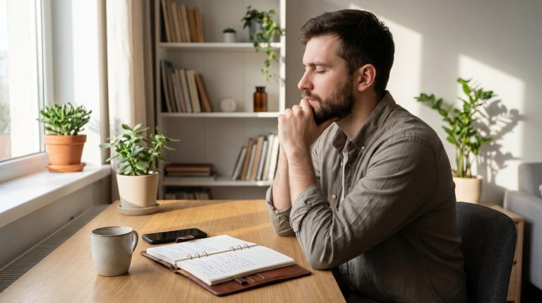 A young man looking thoughtfully at a notebook and phone at a simple desk, asking God for wisdom about the next step.