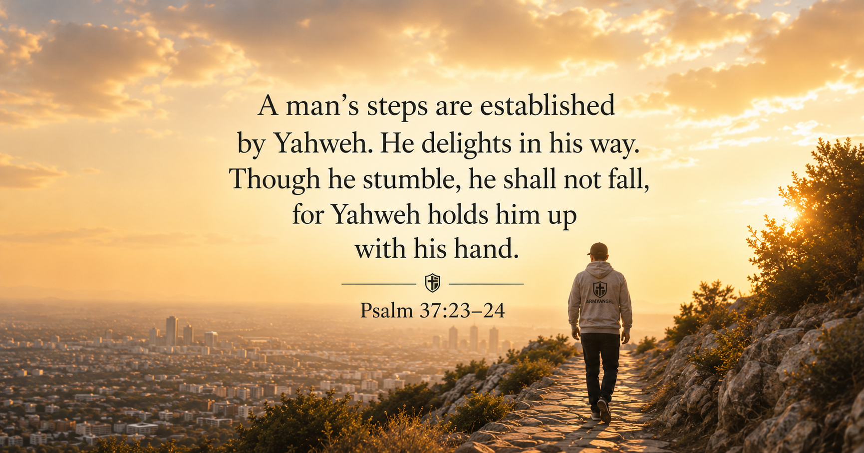 Man walking a sunlit path with Psalm 37:23–24 about God establishing our steps and holding us up when we stumble.