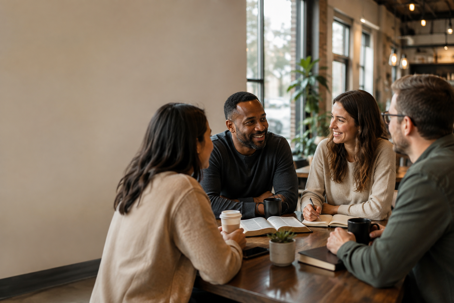 Group of adults discussing faith around a coffee shop table with a Bible and notebooks.