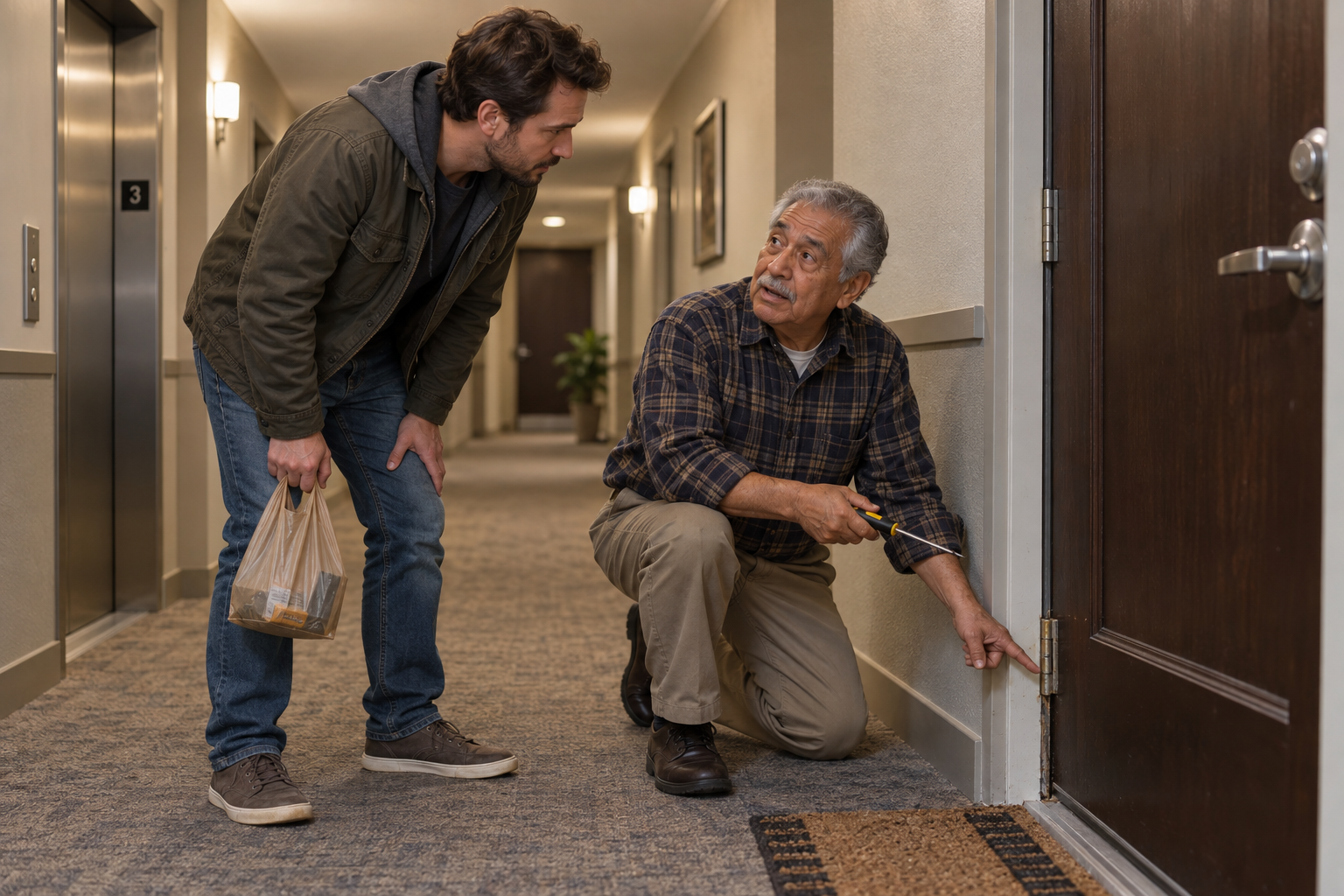 Daniel speaks with Mr. Alvarez beside an apartment door as they look at its lower hinge.