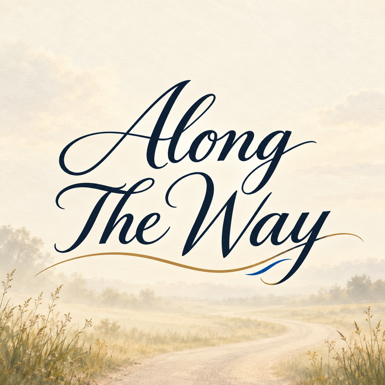 Along The Way in flowing navy lettering above a winding country road, with soft grasses and trees on a warm ivory background.
