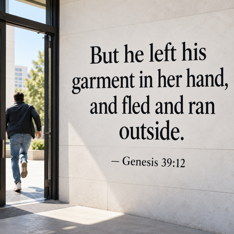 Man walking quickly out of a modern building into daylight beside Genesis 39:12, illustrating the strength to walk away from temptation.