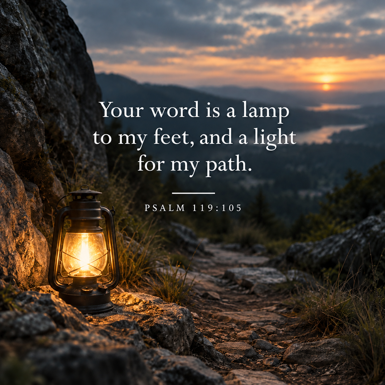 Glowing lantern beside a rocky mountain path at sunset with Psalm 119:105: “Your word is a lamp to my feet, and a light for my path.”