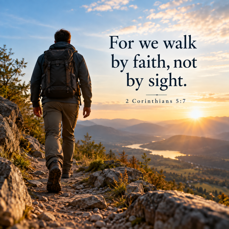 Man walking a rocky mountain trail toward a sunrise with the words, “For we walk by faith, not by sight. — 2 Corinthians 5:7.”