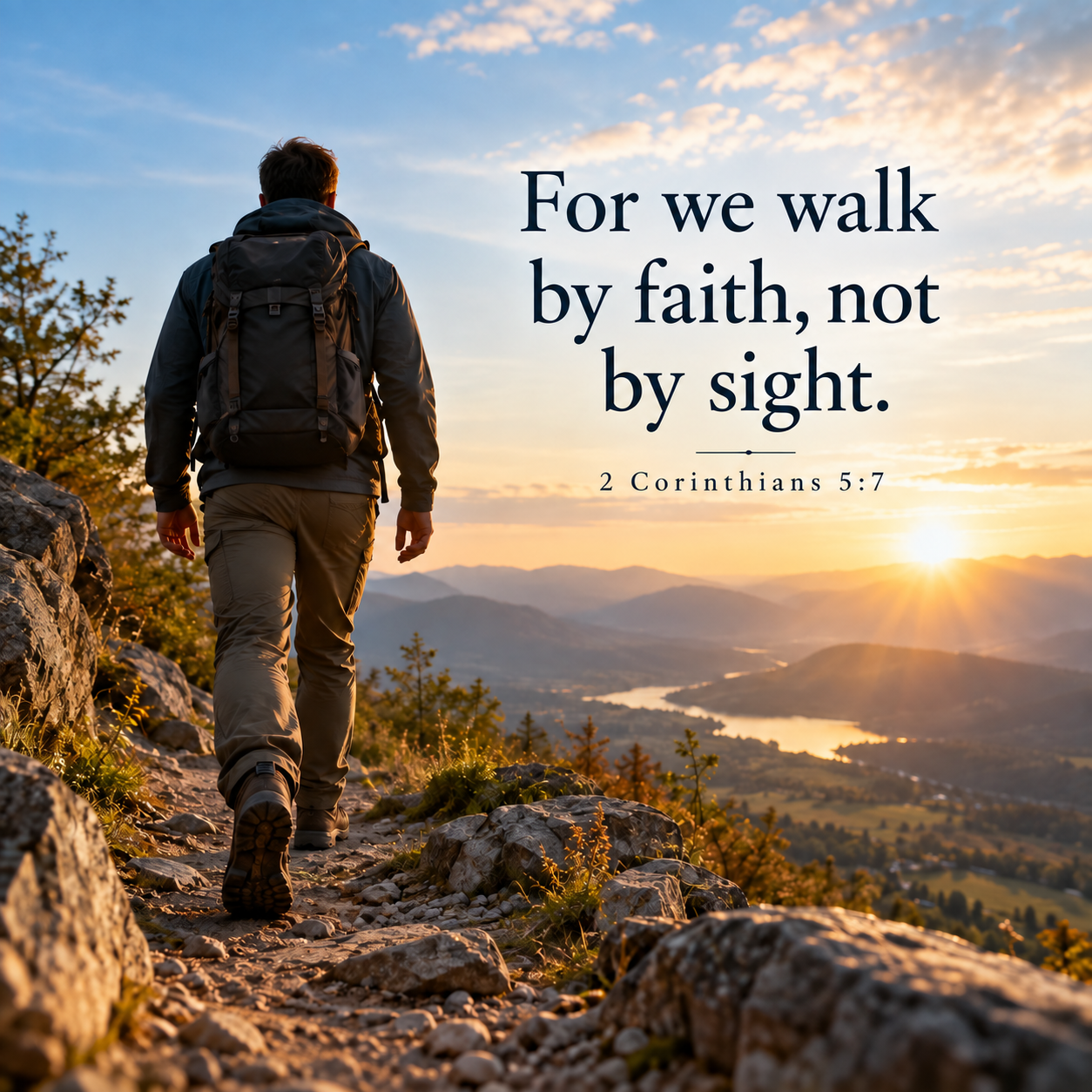 Man walking a rocky mountain trail toward a sunrise with the words, “For we walk by faith, not by sight. — 2 Corinthians 5:7.”