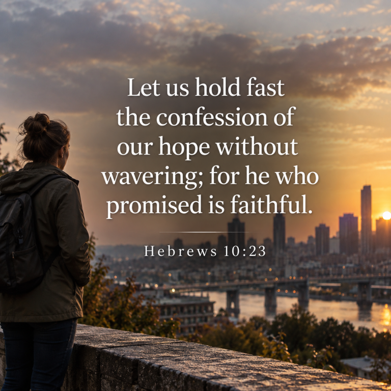 A woman stands overlooking a city at sunrise with Hebrews 10:23 overlaid in large text, reflecting on hope and God’s faithfulness.