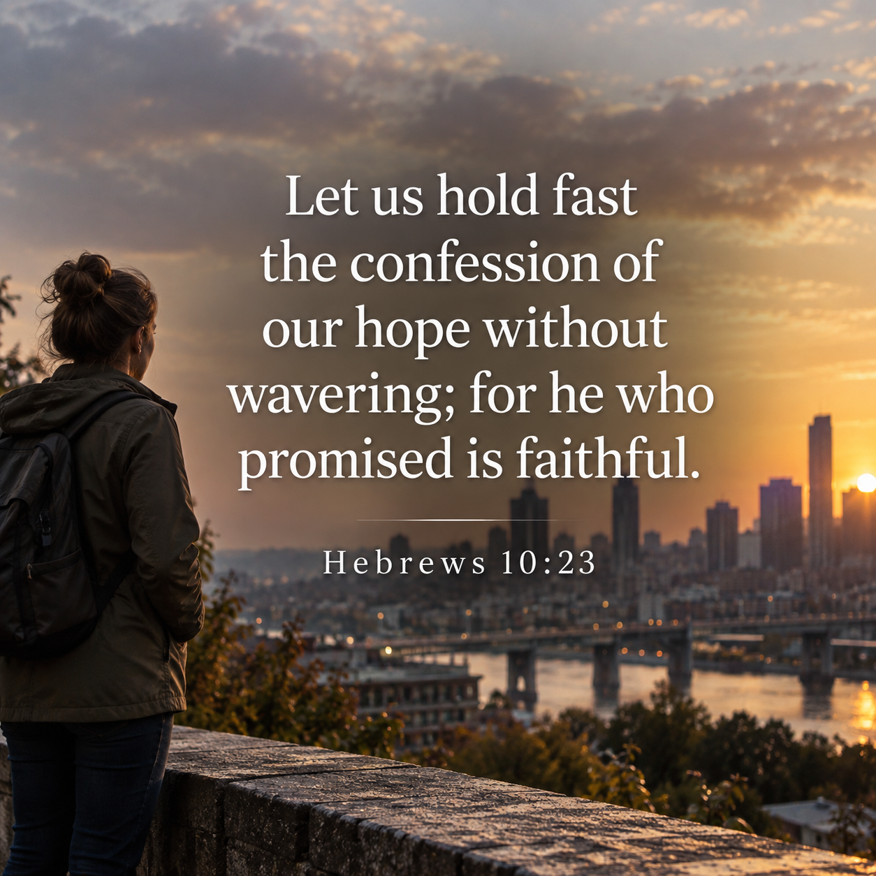 A woman stands overlooking a city at sunrise with Hebrews 10:23 overlaid in large text, reflecting on hope and God’s faithfulness.