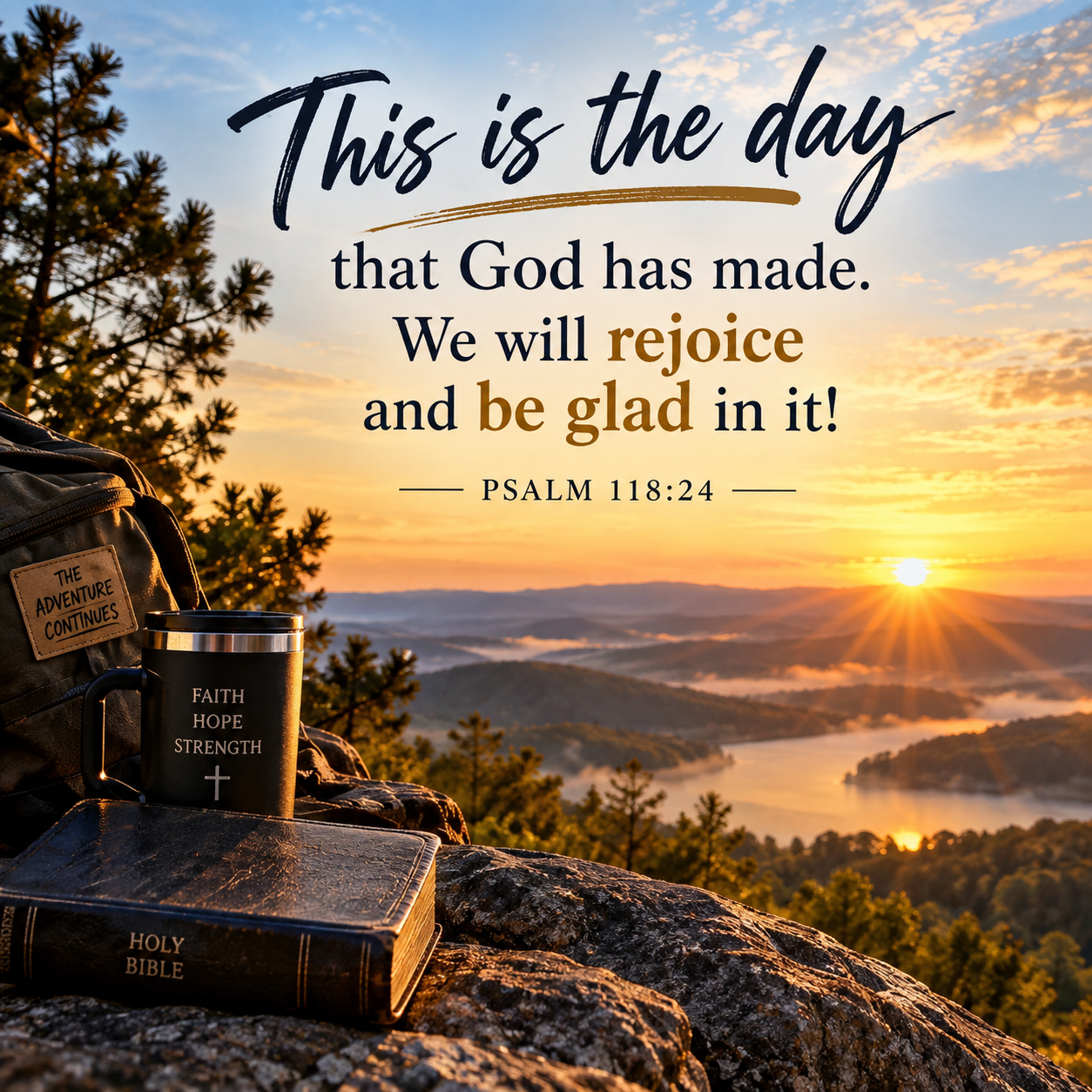 Golden sunrise over mountains and a peaceful lake with a Bible and faith mug in the foreground, featuring Psalm 118:24: “This is the day that God has made. We will rejoice and be glad in it!”