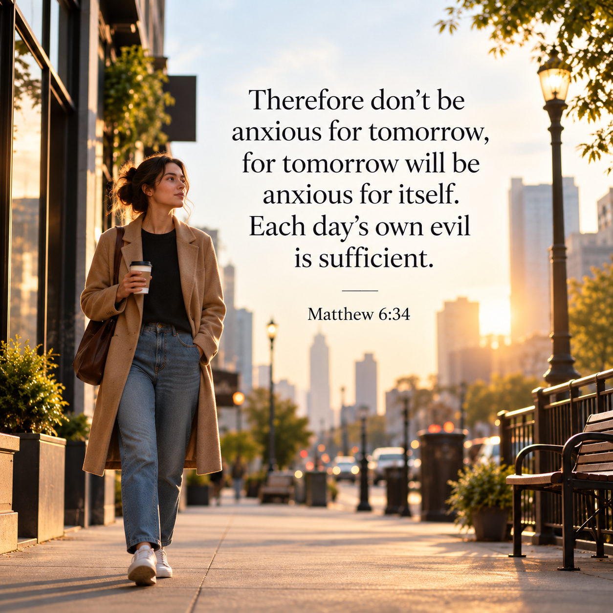 Young woman walking through a sunlit city street at golden hour with Matthew 6:34 overlaid in large text, reminding readers not to be anxious about tomorrow.