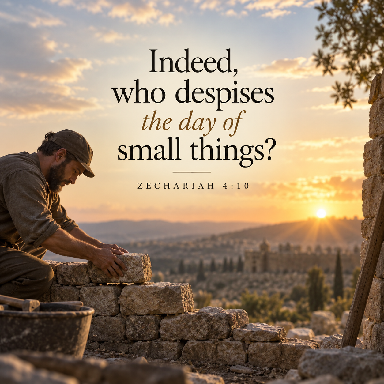 A man carefully rebuilds a stone wall at sunrise beneath the words of Zechariah 4:10: “Indeed, who despises the day of small things?”