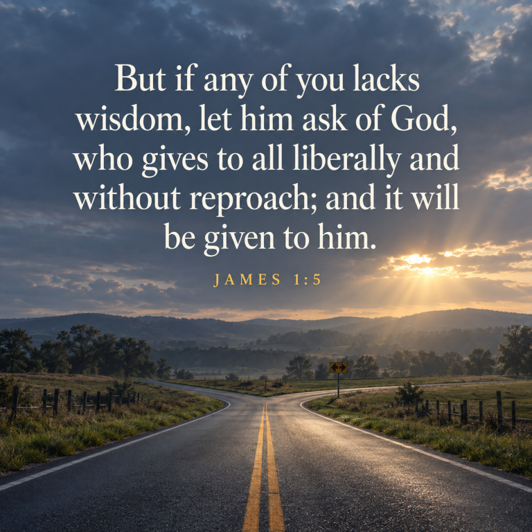 A country road splits beneath a breaking dawn with James 1:5 overlaid, encouraging believers to ask God for wisdom when the way forward is unclear.