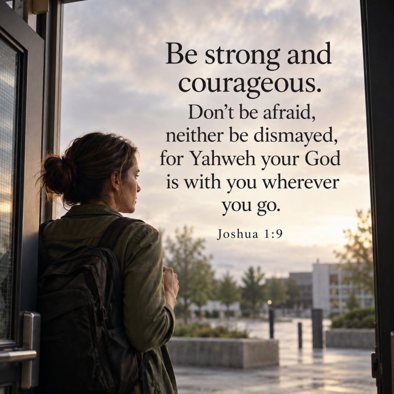 Woman standing at a doorway with a backpack, looking ahead with determination beneath Joshua 1:9: “Be strong and courageous… for Yahweh your God is with you wherever you go.”