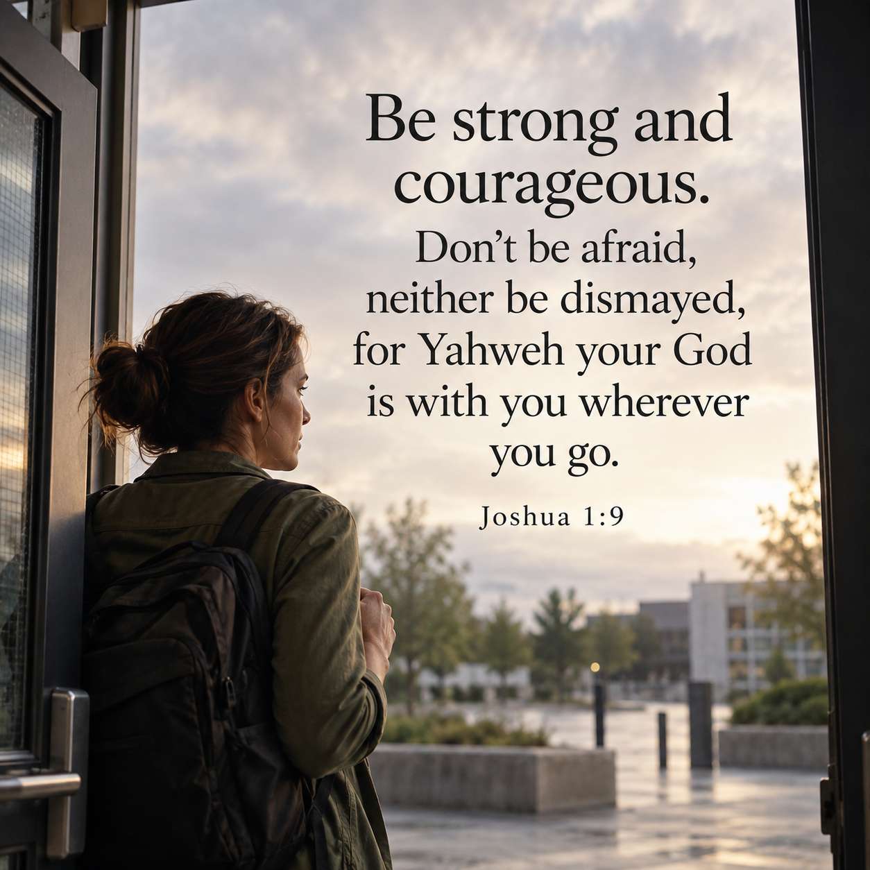Woman standing at a doorway with a backpack, looking ahead with determination beneath Joshua 1:9: “Be strong and courageous… for Yahweh your God is with you wherever you go.”