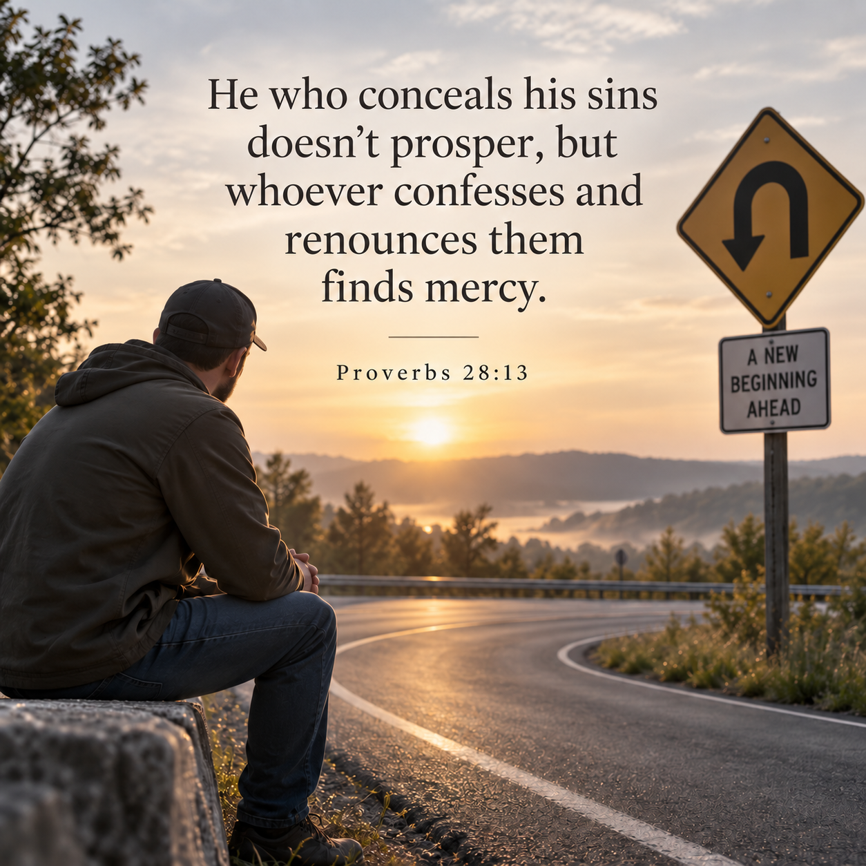 Man sitting beside a winding road at sunrise near a U-turn sign, reflecting on Proverbs 28:13 and the mercy of a new beginning.