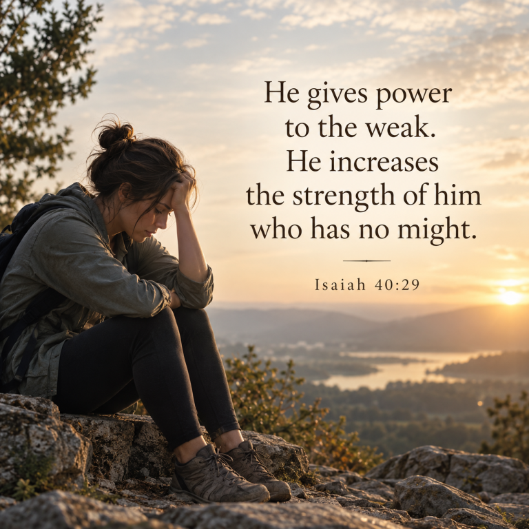 Tired woman sitting on a rocky overlook at sunrise beside Isaiah 40:29: “He gives power to the weak. He increases the strength of him who has no might.”
