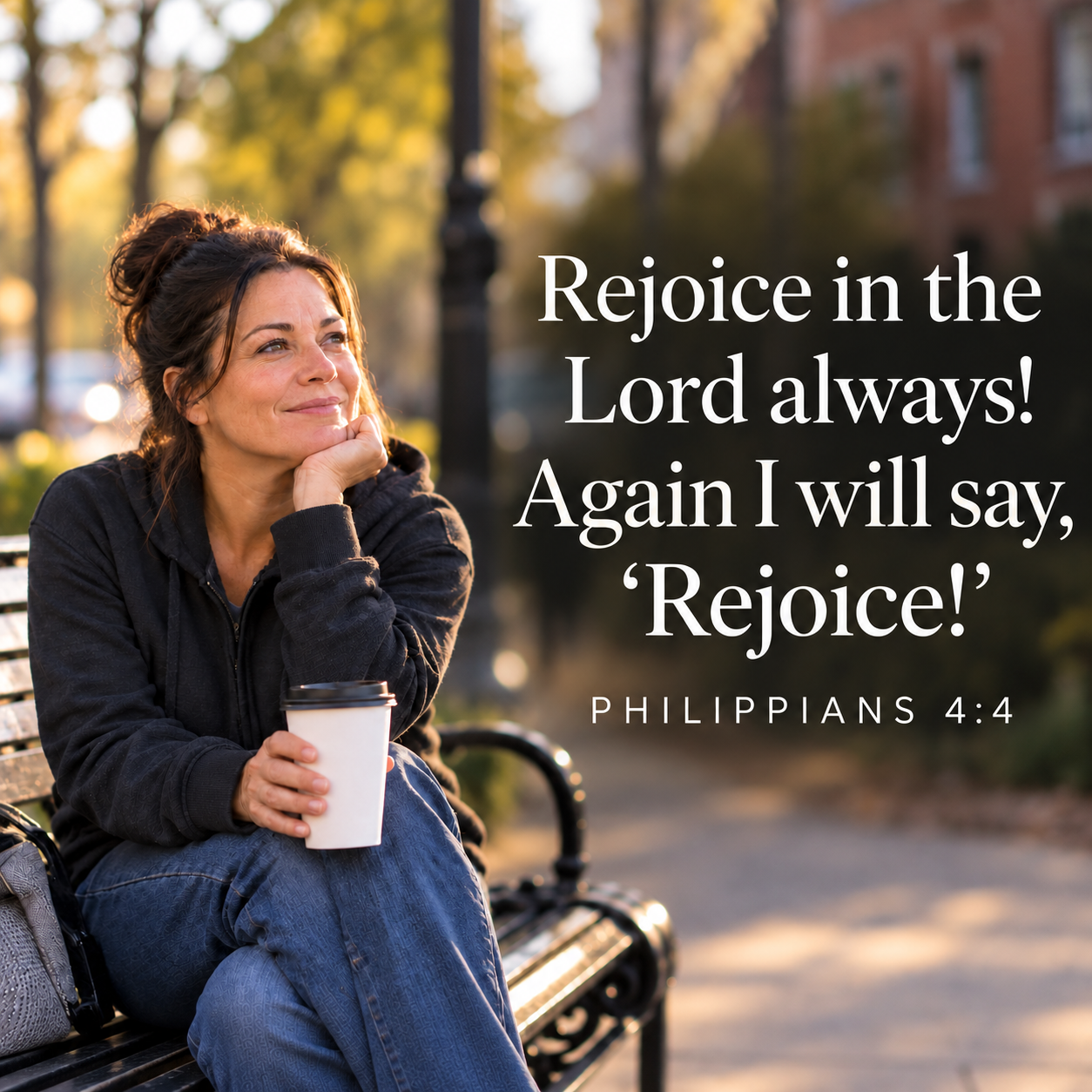 Woman sitting on a park bench holding a coffee cup with Philippians 4:4: “Rejoice in the Lord always! Again I will say, ‘Rejoice!’”