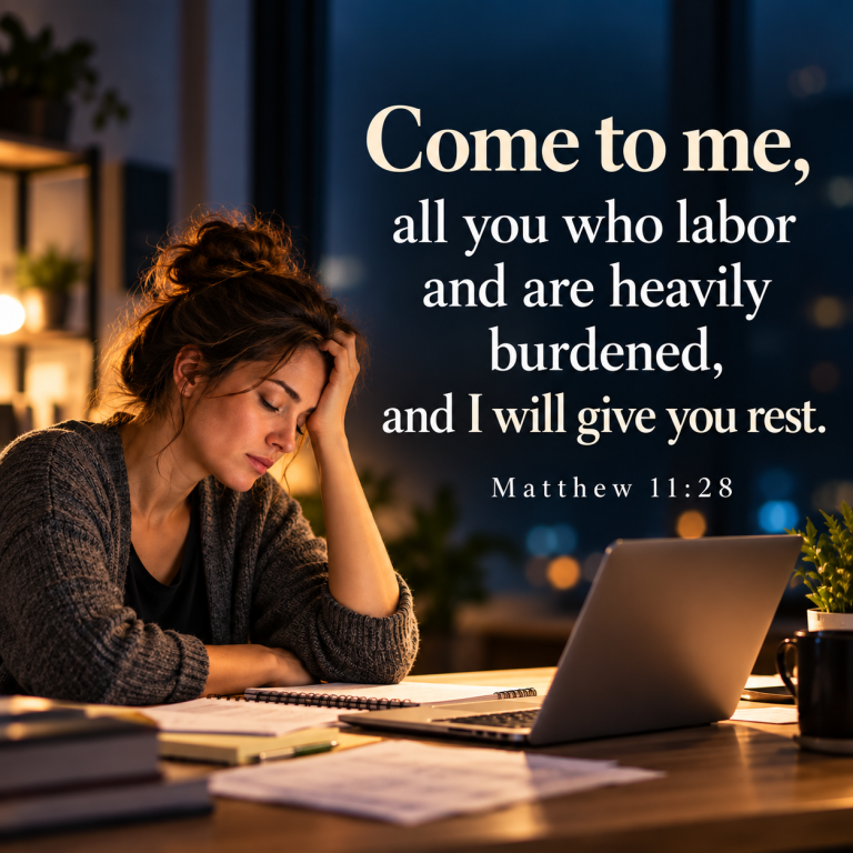A weary young woman sits at a desk late at night with papers and a laptop in front of her, resting her head in her hand, while Matthew 11:28 appears beside her: “Come to me, all you who labor and are heavily burdened, and I will give you rest.”