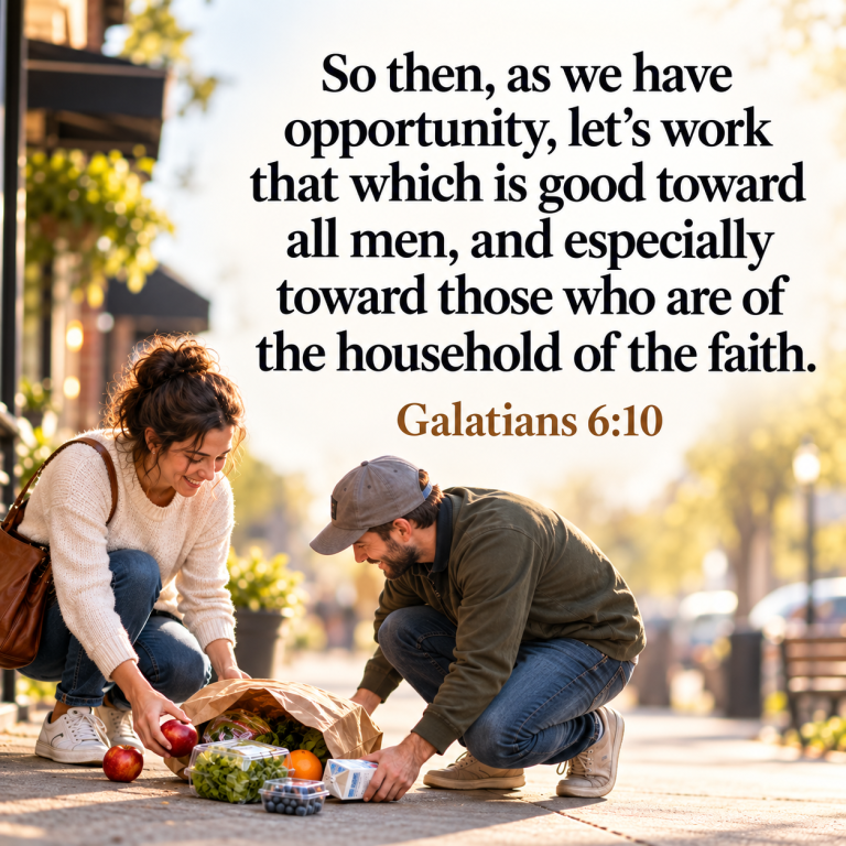 Two people kneel on a sunlit city sidewalk helping gather spilled groceries, with Galatians 6:10 displayed above: “So then, as we have opportunity, let’s work that which is good toward all men, and especially toward those who are of the household of the faith.”