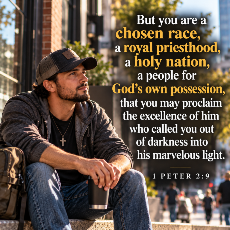 A man sits on city steps as people pass behind him, paired with 1 Peter 2:9 declaring that believers are chosen and belong to God.