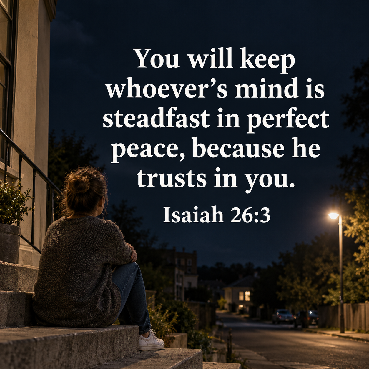 A woman sits on outdoor steps at night beneath the words of Isaiah 26:3: “You will keep whoever’s mind is steadfast in perfect peace, because he trusts in you.”