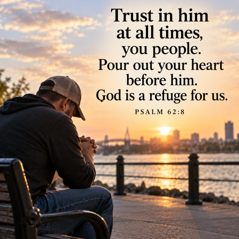 Man sitting in prayer on a waterfront bench at sunrise with Psalm 62:8: “Trust in him at all times… God is a refuge for us.”