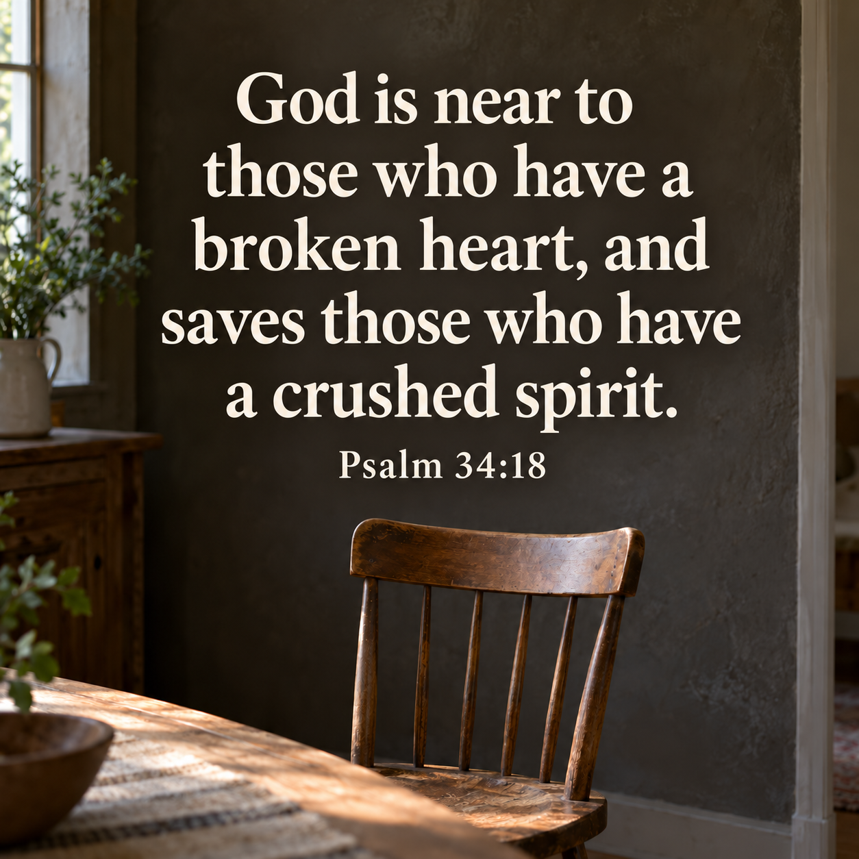 An empty wooden chair beside a dining table in soft natural light, with Psalm 34:18: “God is near to those who have a broken heart, and saves those who have a crushed spirit.”