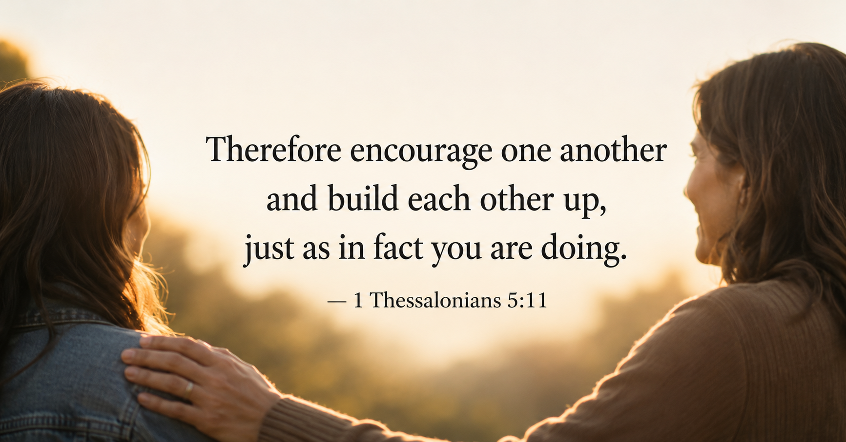 Two women share a supportive moment in warm golden light with 1 Thessalonians 5:11 overlaid: “Encourage one another and build each other up.”