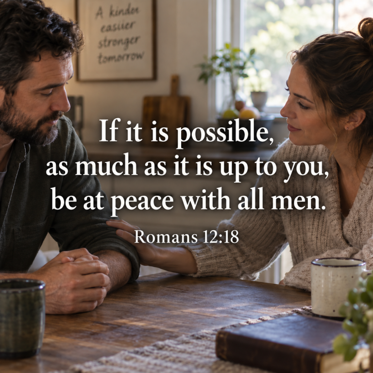 A man and woman sit across a kitchen table in a quiet conversation, with Romans 12:18 overlaid: “If it is possible, as much as it is up to you, be at peace with all men.”