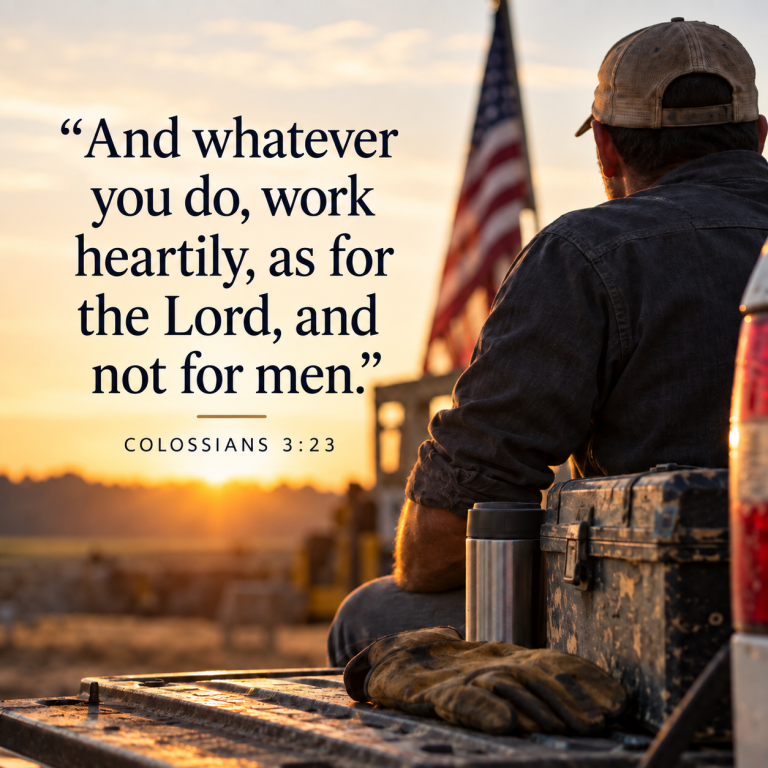 A hardworking man sits on the back of a pickup truck at sunset beside work gloves, tools, and a travel mug, with an American flag in the background. Text reads, “And whatever you do, work heartily, as for the Lord, and not for men.” — Colossians 3:23.