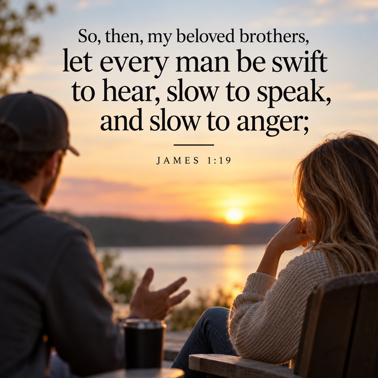 Two people sit beside a lake at sunset in quiet conversation, with James 1:19 overlaid: “Let every man be swift to hear, slow to speak, and slow to anger.”