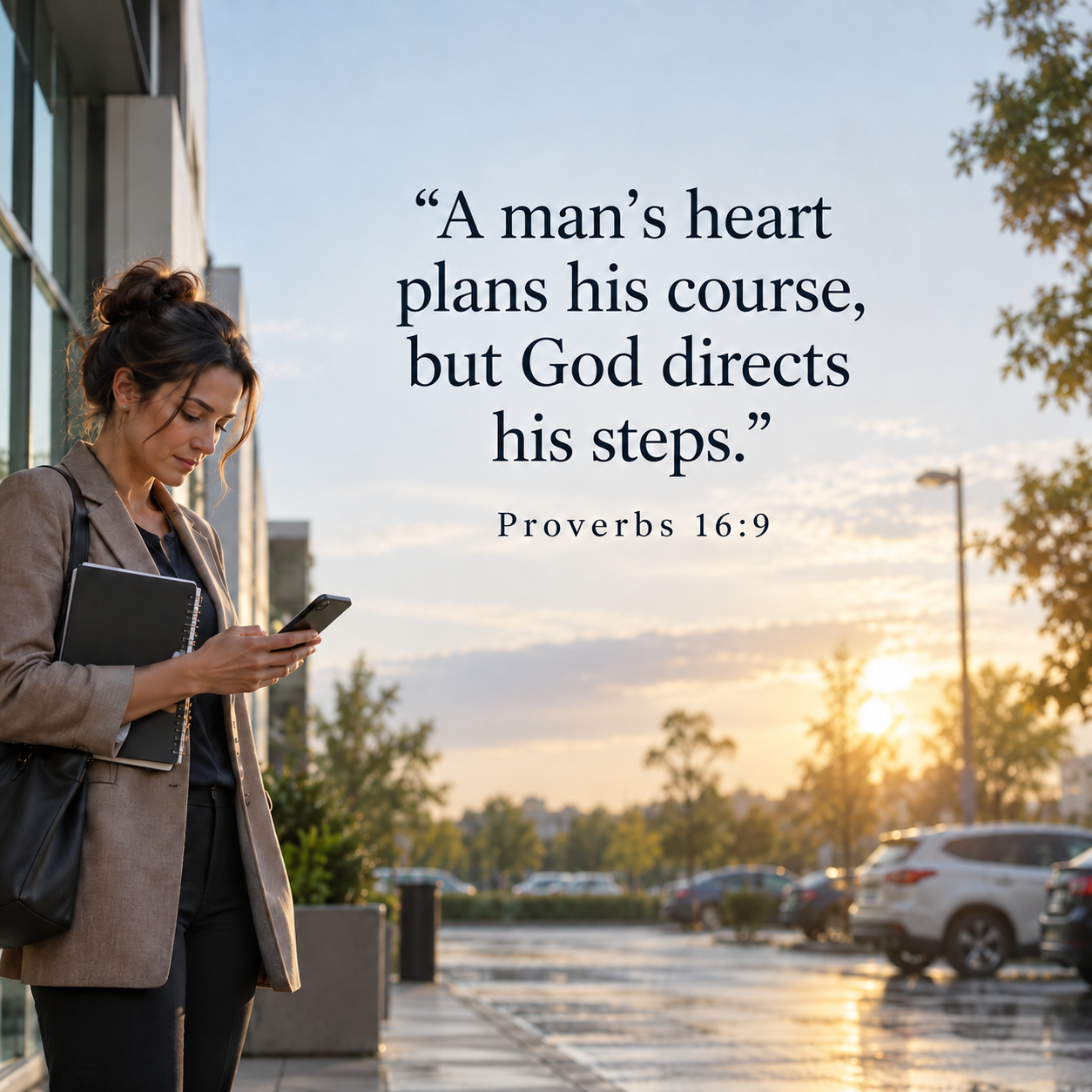 Woman checking her phone outside an office at sunset with Proverbs 16:9: “A man’s heart plans his course, but God directs his steps.”