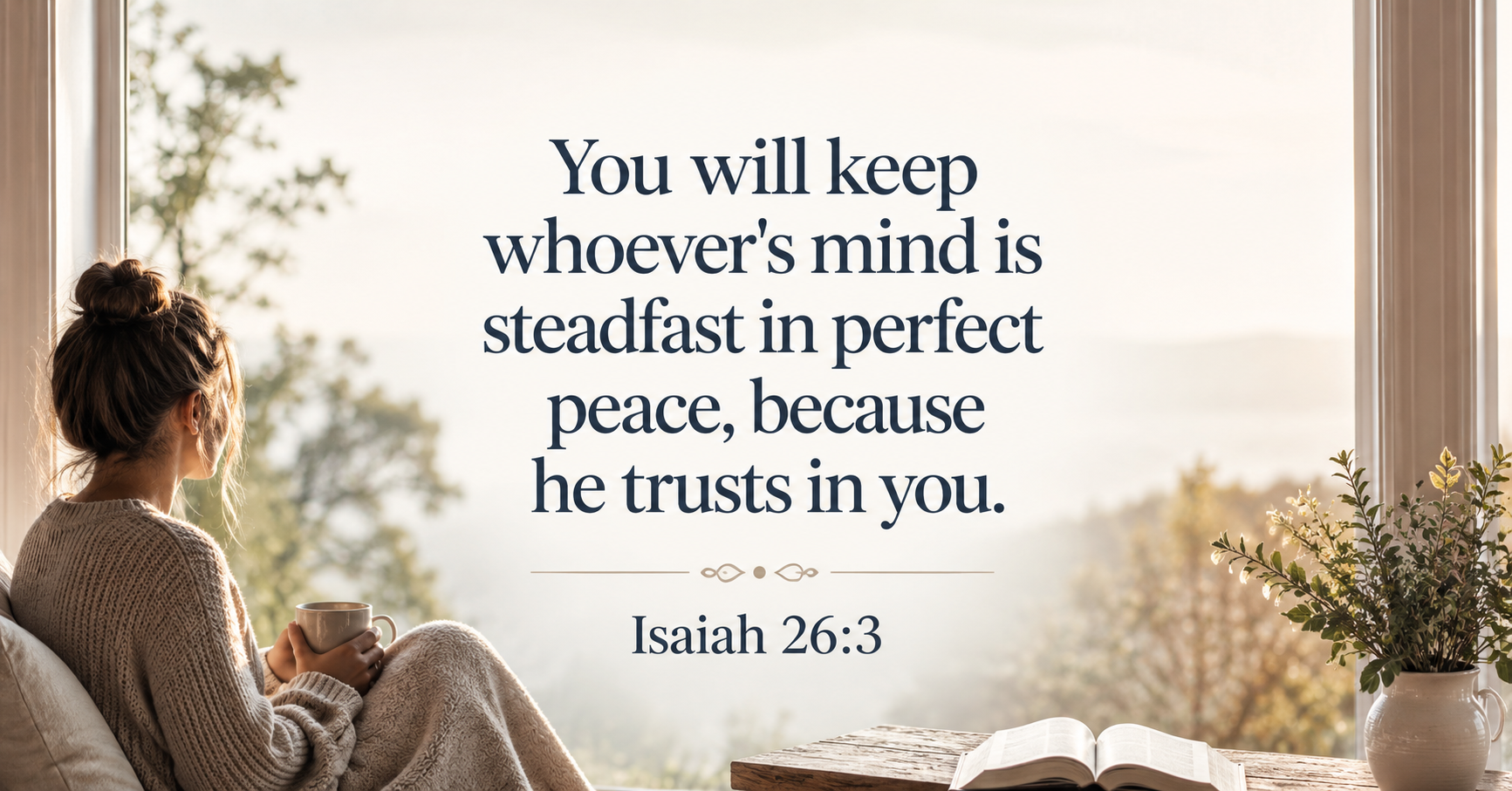 Person sitting quietly in the early morning with Isaiah 26:3 about God keeping a steadfast mind in perfect peace.
