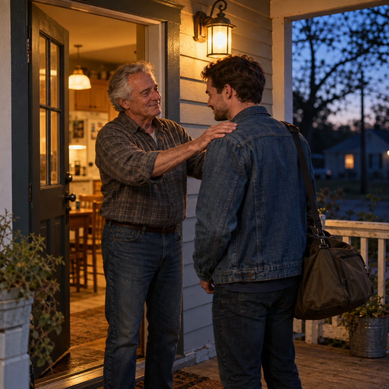 A father welcomes his adult son at the open front door, resting a hand on his shoulder beneath a glowing porch light at dusk.