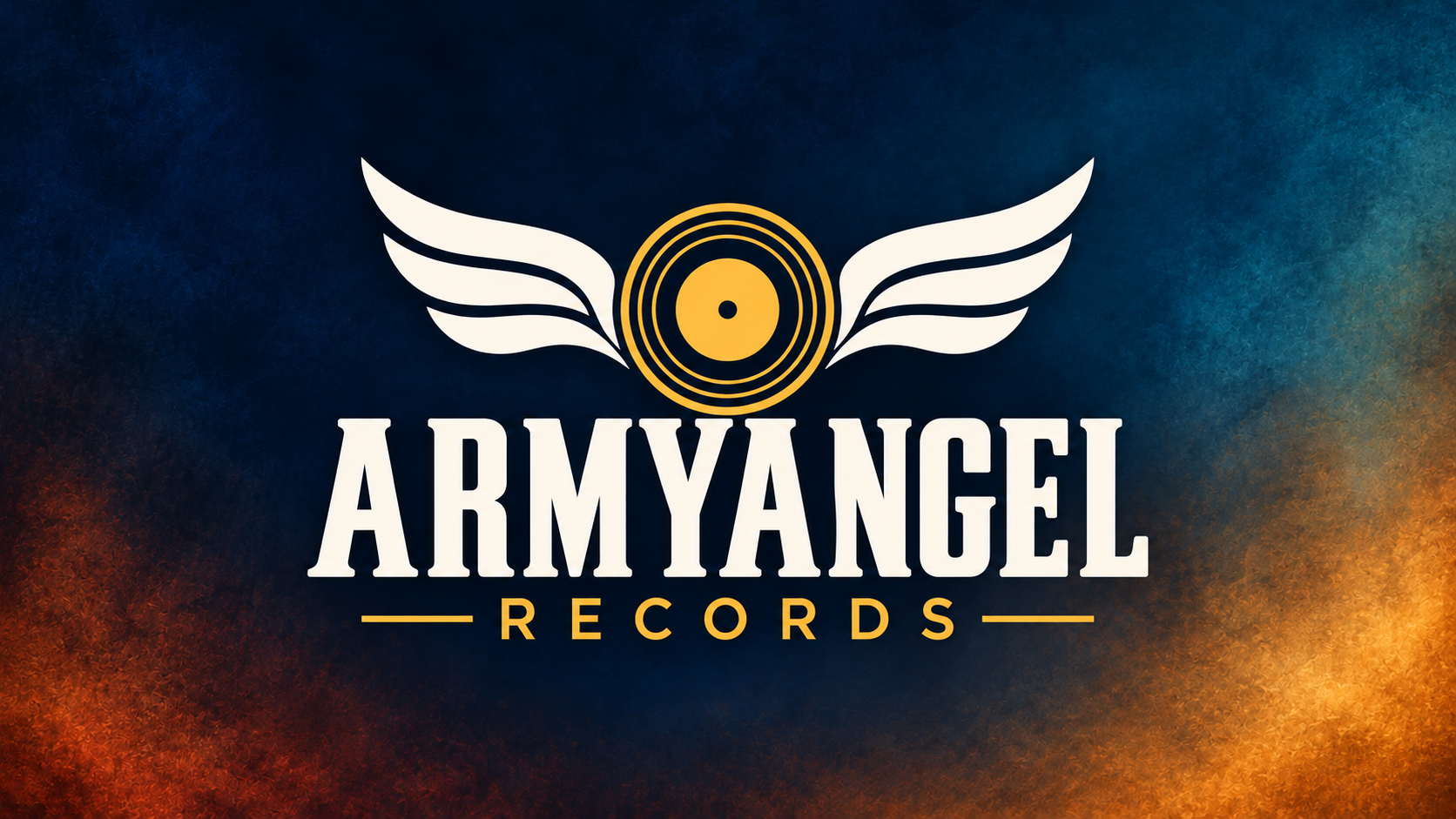 ArmyAngel Records logo with cream angel wings and a golden vinyl record on a deep blue and amber background.
