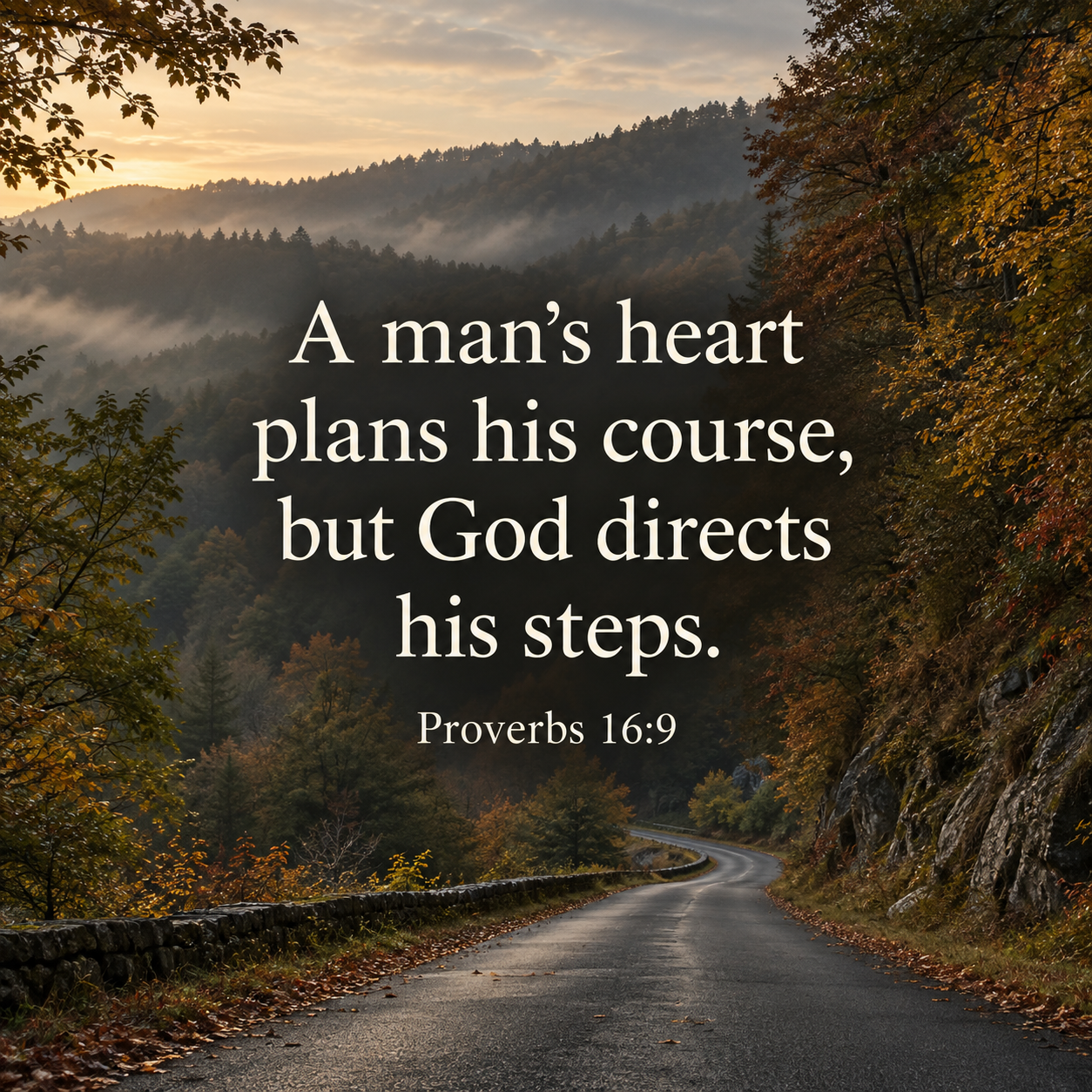 Winding road through autumn-covered mountains at sunrise, with Proverbs 16:9: “A man’s heart plans his course, but God directs his steps.”