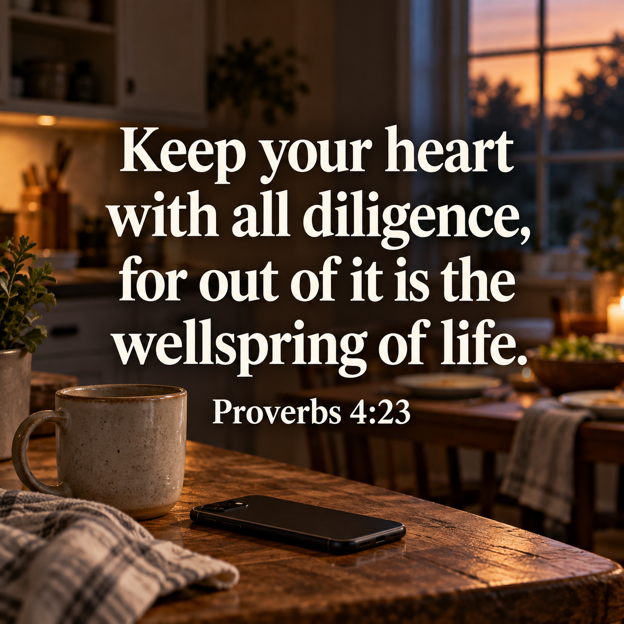 Proverbs 4:23 in large white text over a warmly lit kitchen, with a ceramic mug and a phone resting face down on a wooden counter.