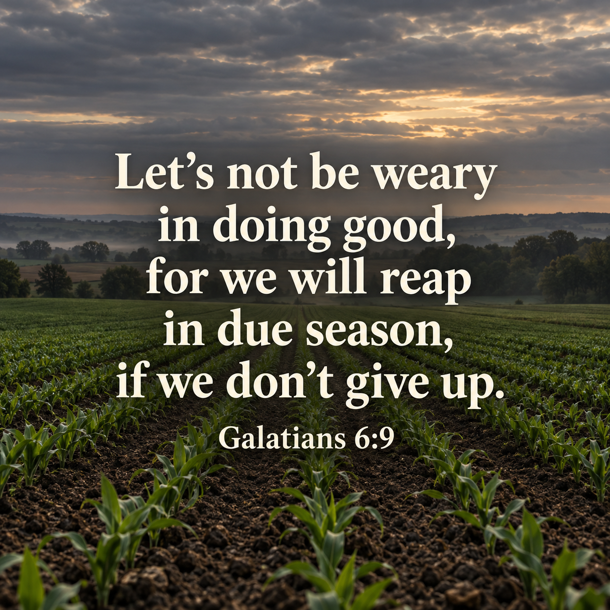 Galatians 6:9 displayed over rows of young green crops beneath a cloudy morning sky: “Let’s not be weary in doing good, for we will reap in due season, if we don’t give up.”