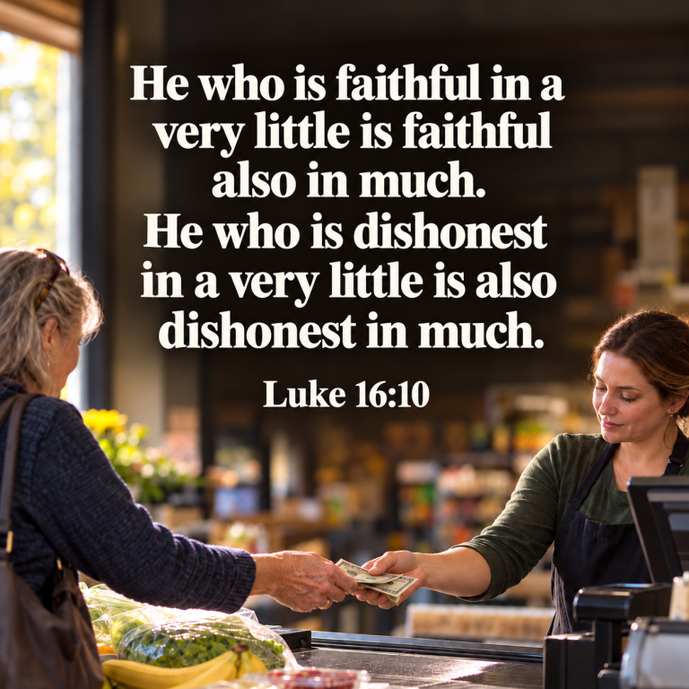 A customer returns money to a grocery cashier beneath Luke 16:10, a verse about faithfulness and honesty in small things.