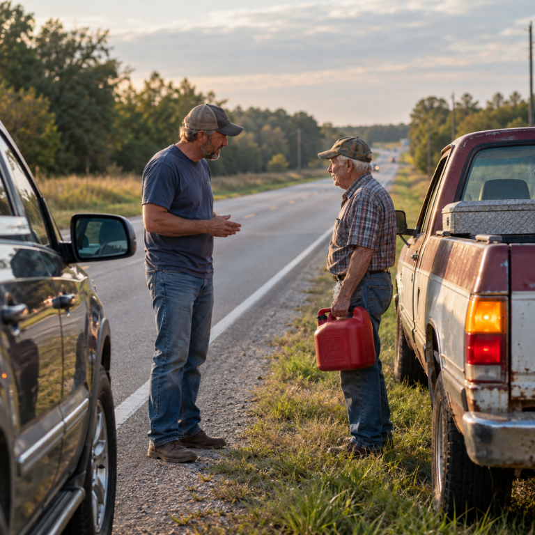 A middle-aged man stops along a rural Alabama highway to help an older man holding a red gas can beside his weathered pickup truck.