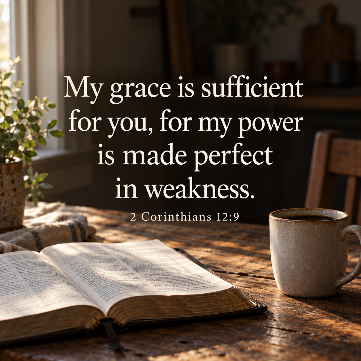 Open Bible and coffee mug on a wooden table in morning light, with the words “My grace is sufficient for you, for my power is made perfect in weakness.” — 2 Corinthians 12:9.
