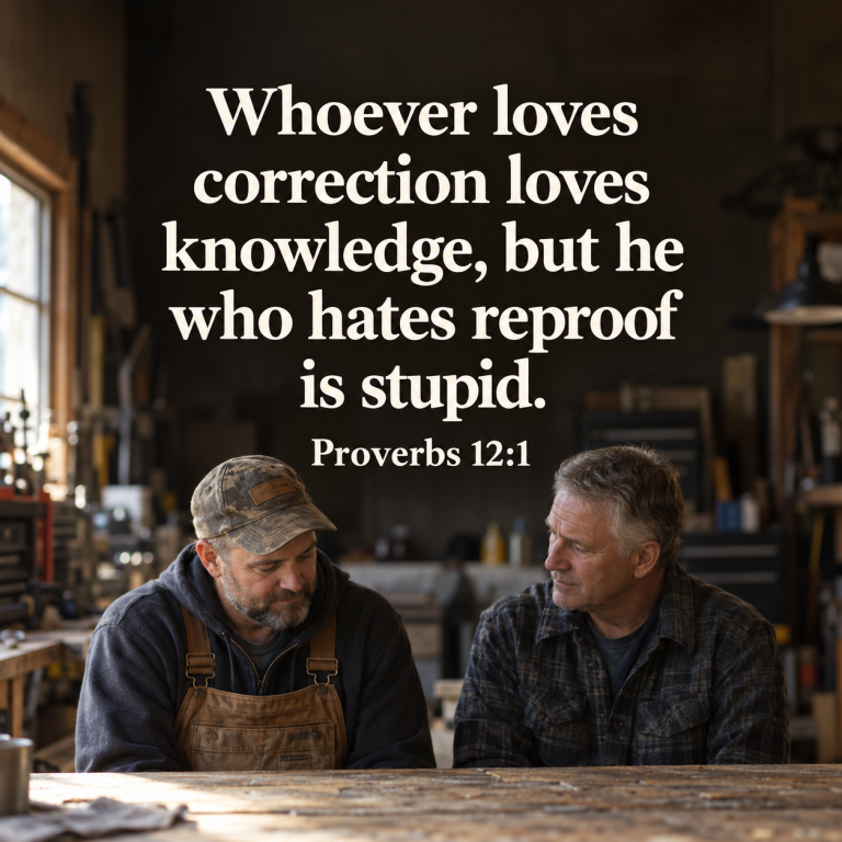 Two men share a thoughtful conversation at a garage workbench beneath Proverbs 12:1: “Whoever loves correction loves knowledge, but he who hates reproof is stupid.”