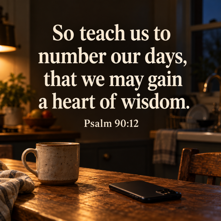 Psalm 90:12 in large ivory lettering above a phone and ceramic mug on a wooden kitchen table in warm evening light.