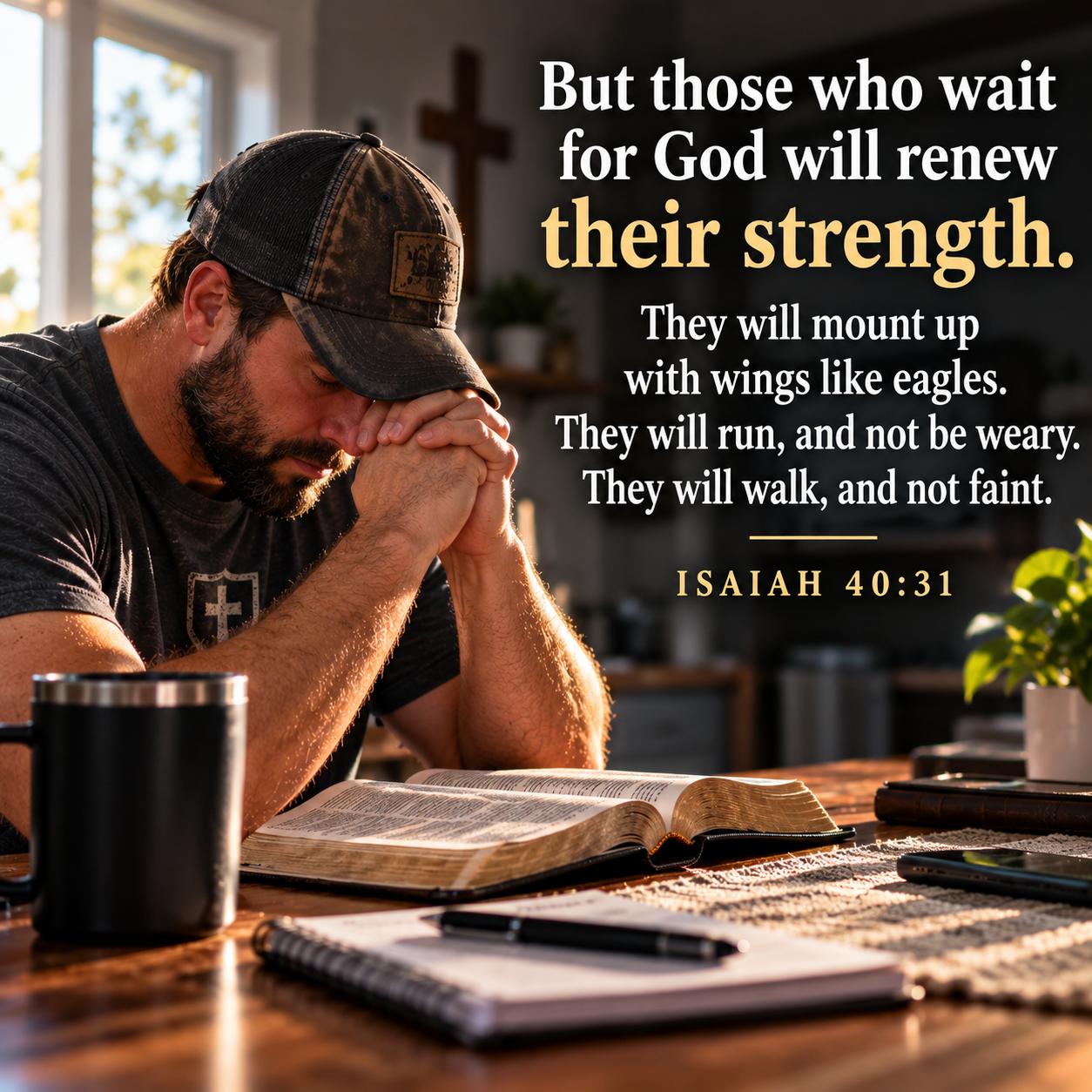 A weary man bows his head in prayer over an open Bible at his kitchen table, surrounded by everyday responsibilities. Isaiah 40:31 reminds us that those who wait on God will find renewed strength.