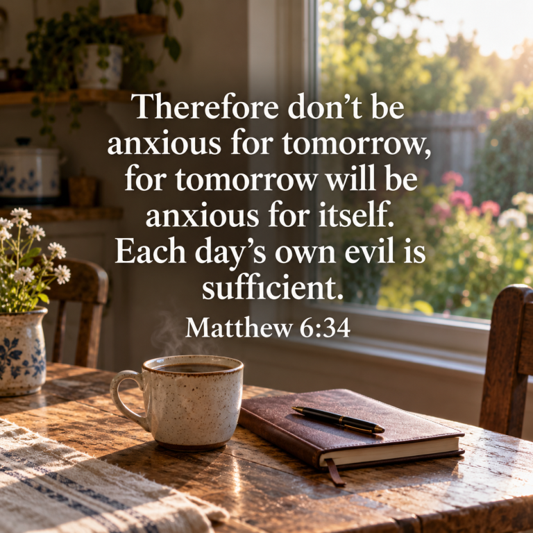 Morning sunlight falls across a kitchen table with a coffee cup and notebook beneath Matthew 6:34, reminding us not to be anxious about tomorrow.