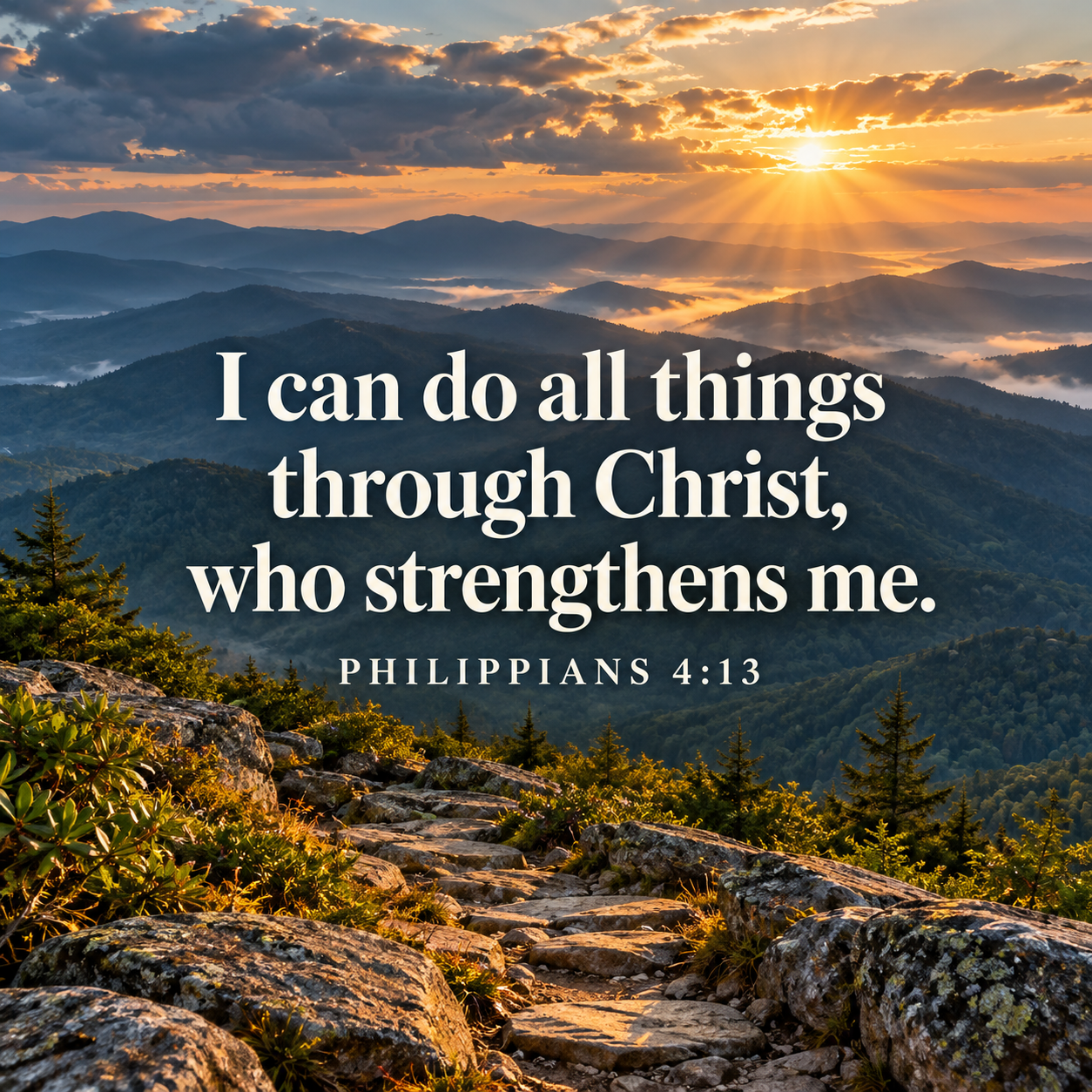 Golden sunrise over misty mountain ridges and a rocky trail, with Philippians 4:13: “I can do all things through Christ, who strengthens me.”