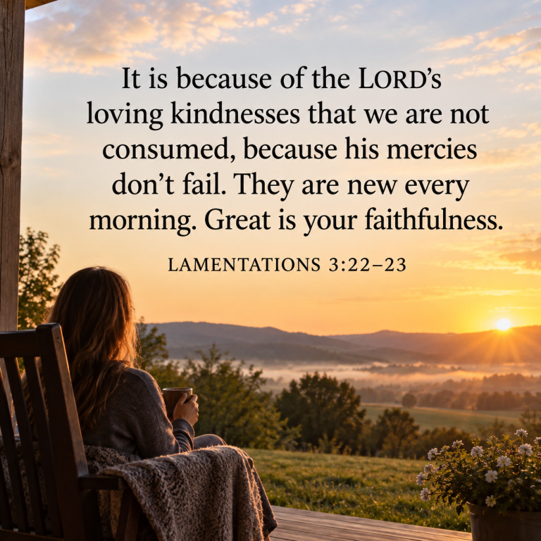 A woman sits on a porch holding a warm cup of coffee, watching the sun rise over a peaceful countryside. Lamentations 3:22–23 reminds us that God's mercies are new every morning and His faithfulness never fails.